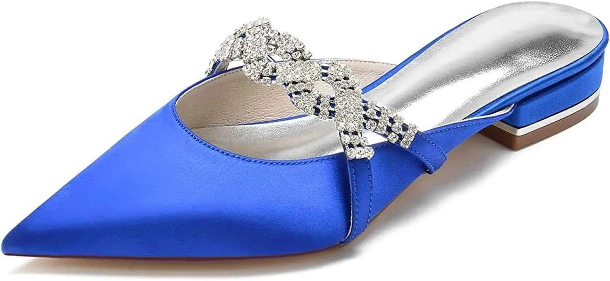 Mules for Women Flats Comfortable Pointed Closed Toe Women Mules Toe Pull On Bridal Shoes Ballet Flats Satin Rhinestone Flat Heel