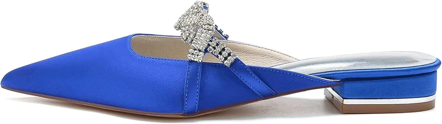 Mules for Women Flats Comfortable Pointed Closed Toe Women Mules Toe Pull On Bridal Shoes Ballet Flats Satin Rhinestone Flat Heel