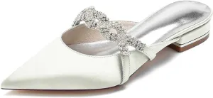Mules for Women Flats Comfortable Pointed Closed Toe Women Mules Toe Pull On Bridal Shoes Ballet Flats Satin Rhinestone Flat Heel