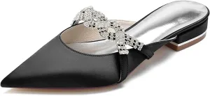 Mules for Women Flats Comfortable Pointed Closed Toe Women Mules Toe Pull On Bridal Shoes Ballet Flats Satin Rhinestone Flat Heel