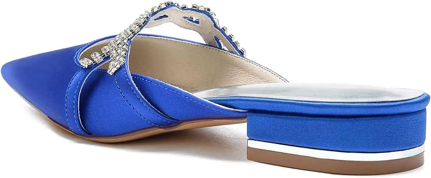 Mules for Women Flats Comfortable Pointed Closed Toe Women Mules Toe Pull On Bridal Shoes Ballet Flats Satin Rhinestone Flat Heel