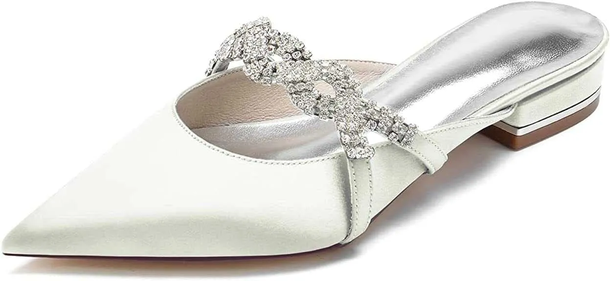 Mules for Women Flats Comfortable Pointed Closed Toe Women Mules Toe Pull On Bridal Shoes Ballet Flats Satin Rhinestone Flat Heel