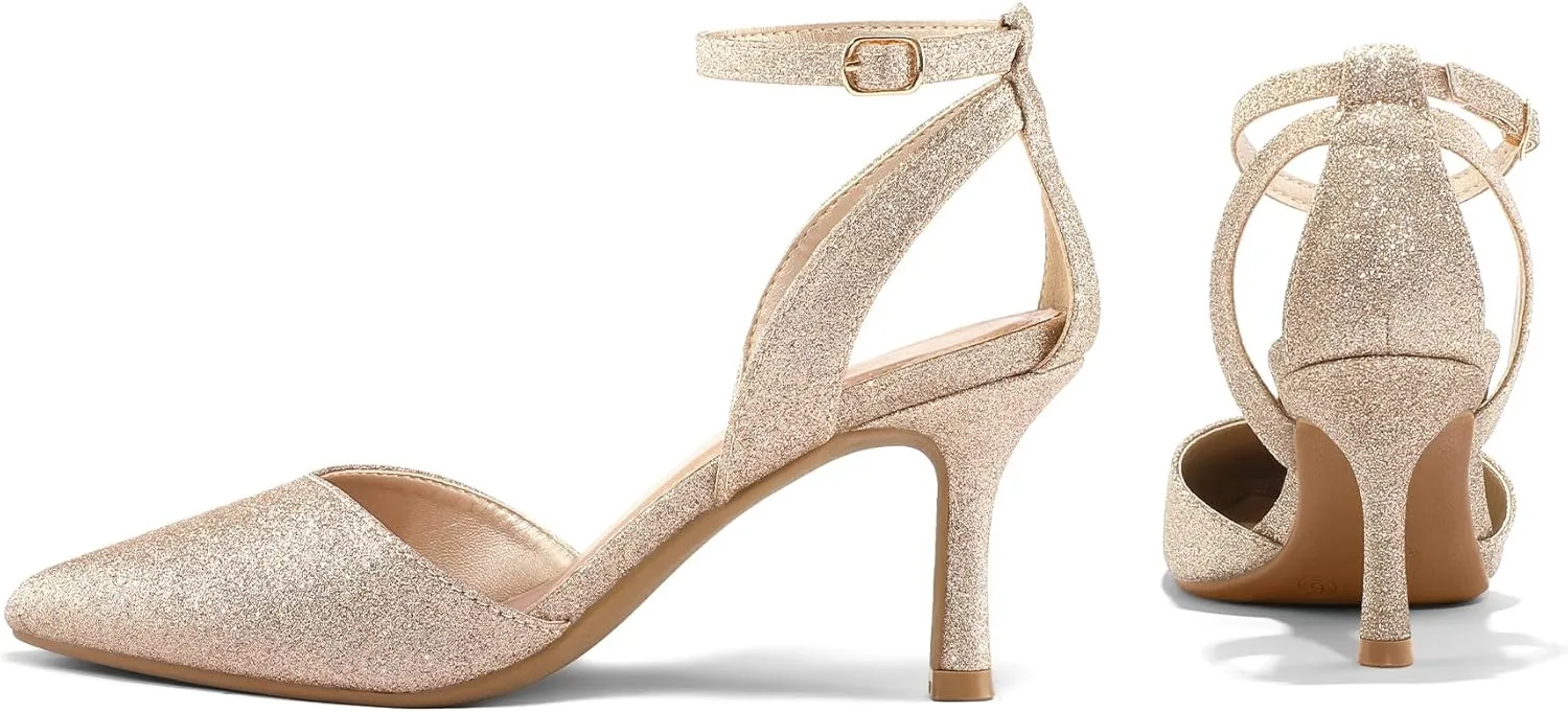 mysoft Women's Pumps Shoes Pointed Toe Kitten Low Heels Stiletto Ankle Strap Closed Toe Wedding Party Dress Sandals