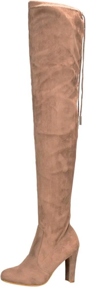 Nature Breeze Womens Eve-01 Stretchy Thigh High Pull String Chunk Heel Combat Boots