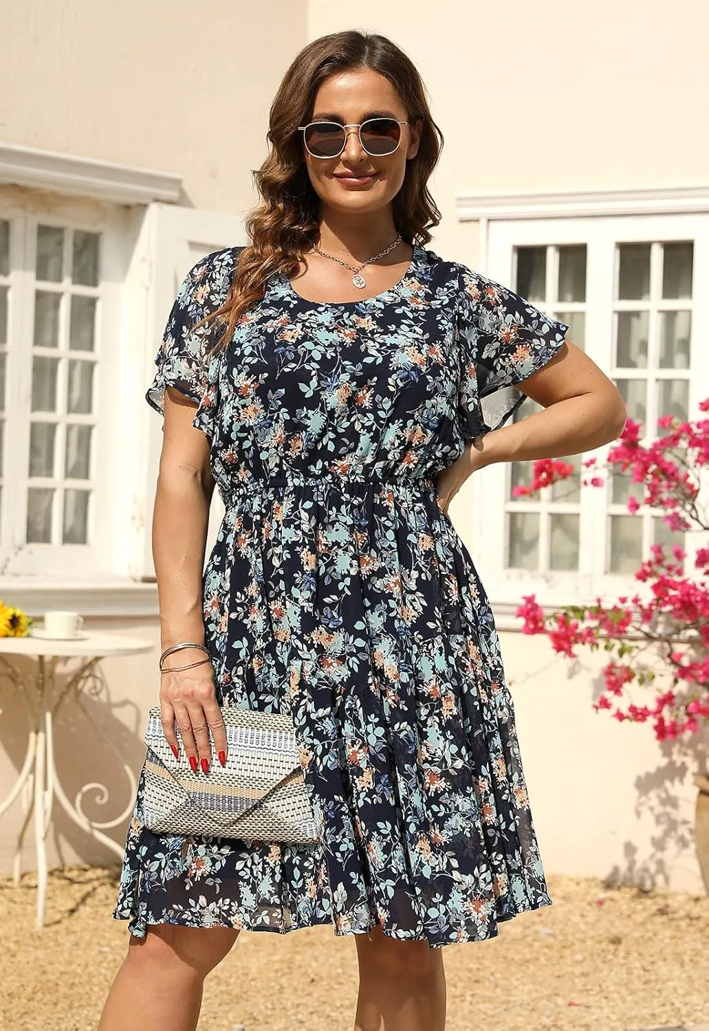 Nemidor Plus Size Summer Dresses for Curvy Women Casual Boho Midi Chiffon Print Floral Dress with Ruffle Sleeve 14-26