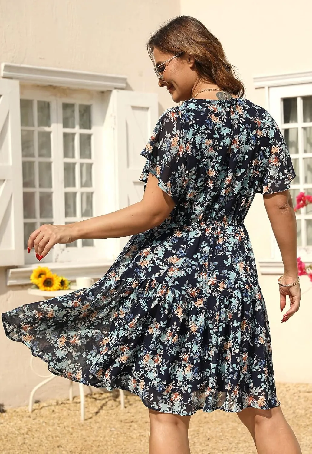 Nemidor Plus Size Summer Dresses for Curvy Women Casual Boho Midi Chiffon Print Floral Dress with Ruffle Sleeve 14-26