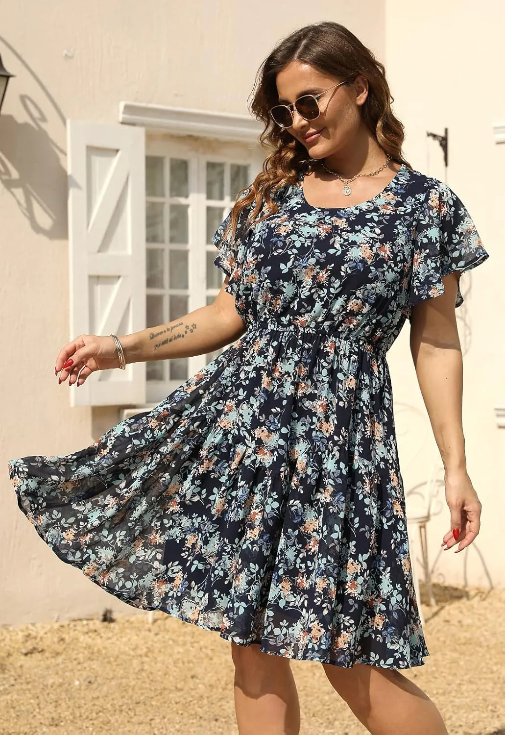 Nemidor Plus Size Summer Dresses for Curvy Women Casual Boho Midi Chiffon Print Floral Dress with Ruffle Sleeve 14-26