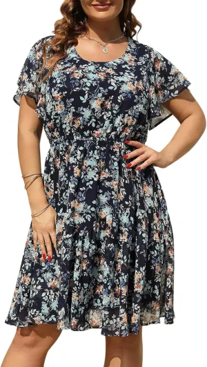 Nemidor Plus Size Summer Dresses for Curvy Women Casual Boho Midi Chiffon Print Floral Dress with Ruffle Sleeve 14-26
