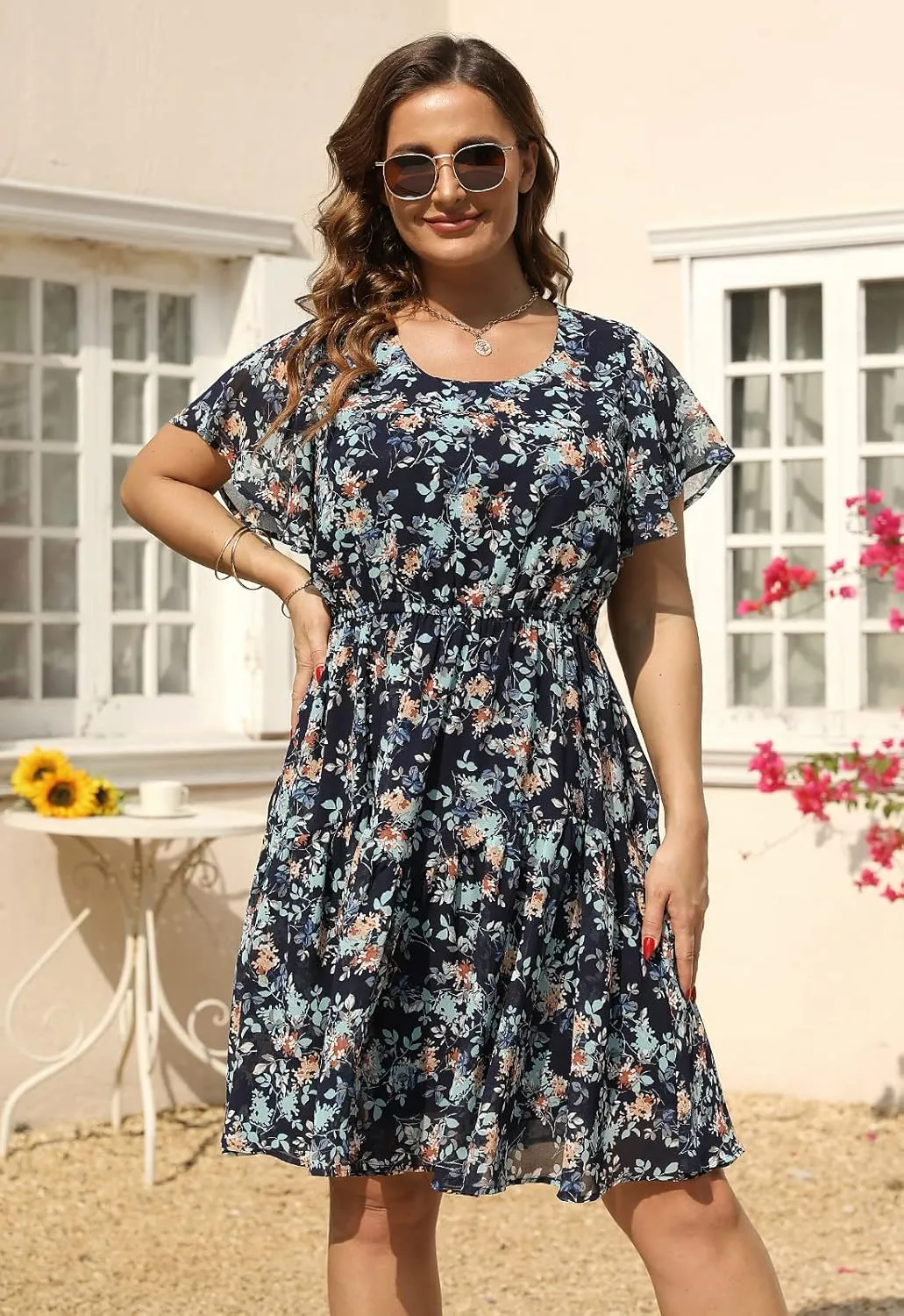 Nemidor Plus Size Summer Dresses for Curvy Women Casual Boho Midi Chiffon Print Floral Dress with Ruffle Sleeve 14-26