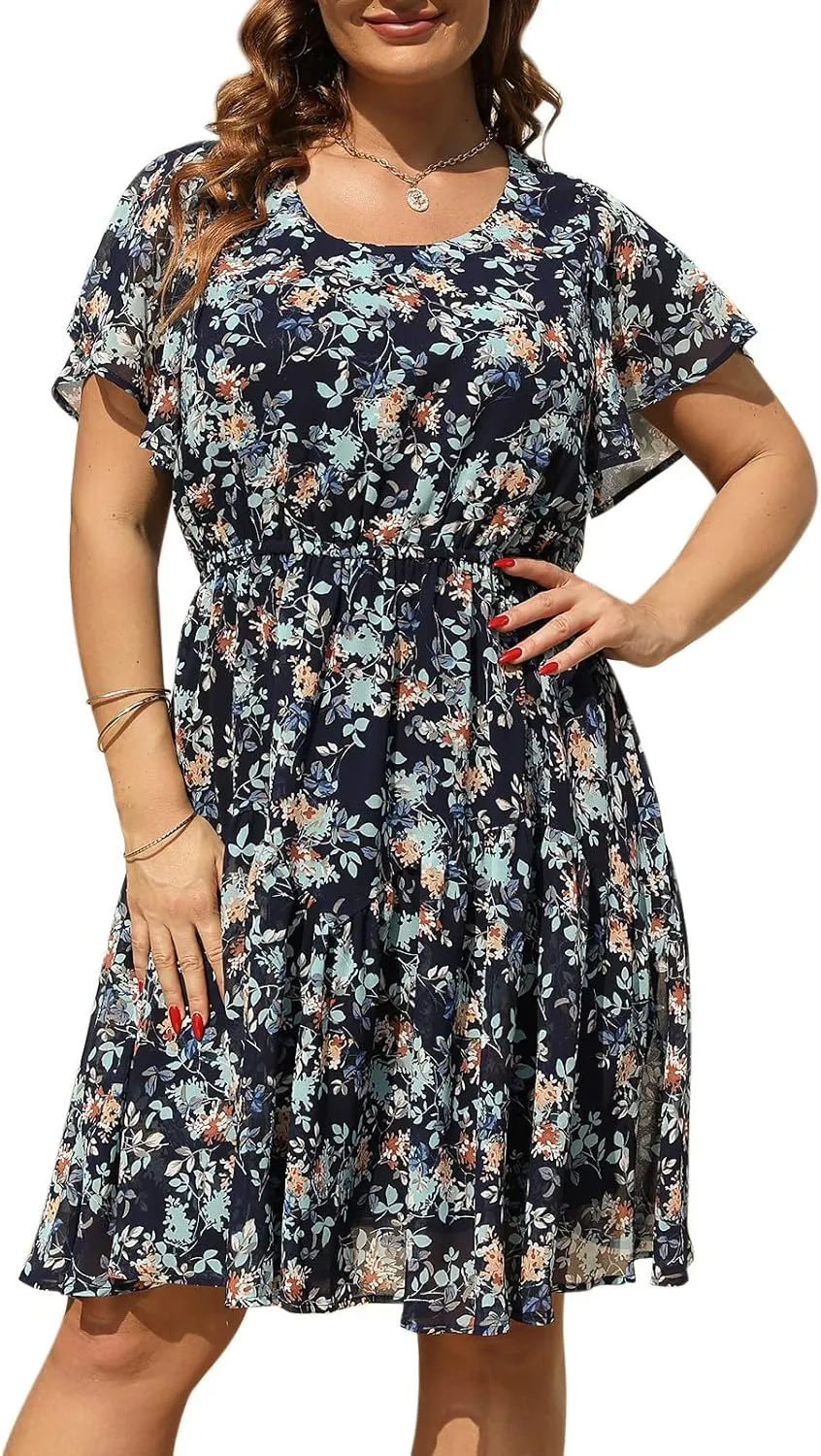 Nemidor Plus Size Summer Dresses for Curvy Women Casual Boho Midi Chiffon Print Floral Dress with Ruffle Sleeve 14-26