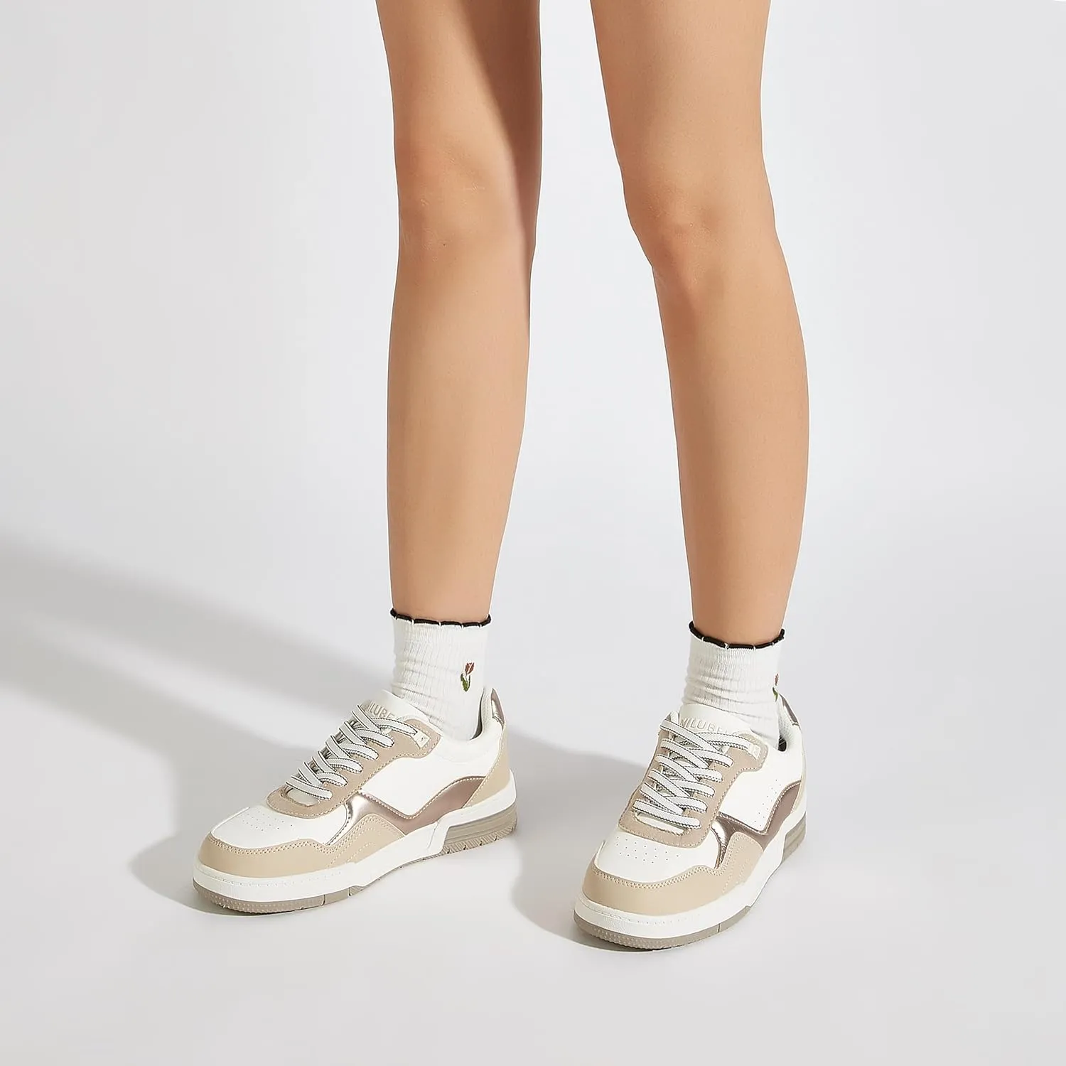 Niluber Women's Fashion Low Top Sneakers - White PU Leather Tennis Shoes-Lace Up Comfortable Casual Waking Shoes