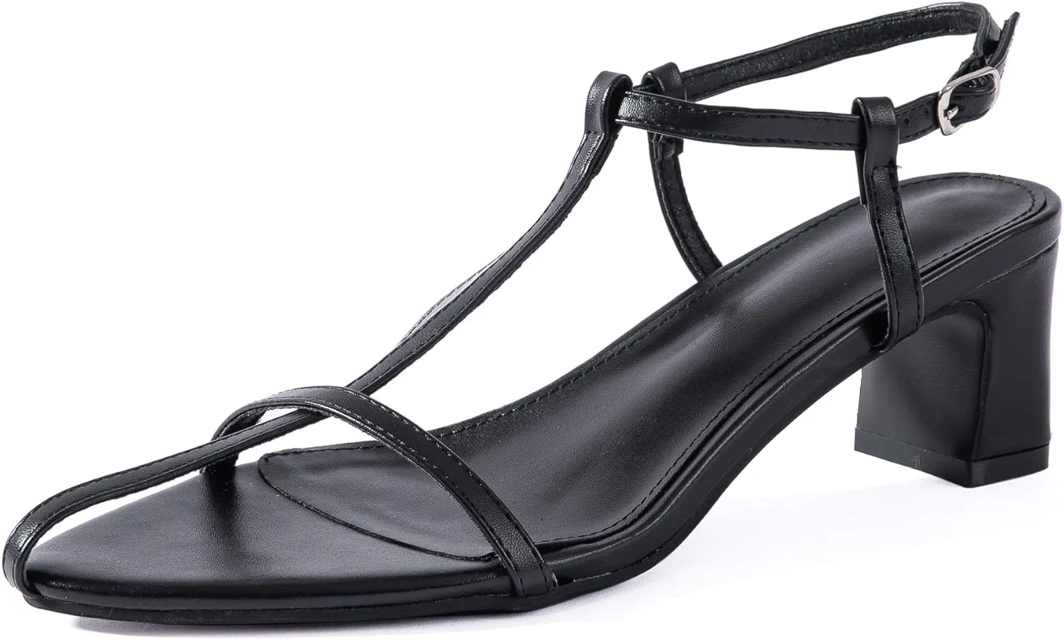 N.N.G Women Pointed Toe Ankle Strap Sandals, Low Block Heel, Black Nude Leather, 2 Inch Heel