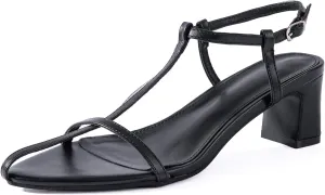 N.N.G Women Pointed Toe Ankle Strap Sandals, Low Block Heel, Black Nude Leather, 2 Inch Heel