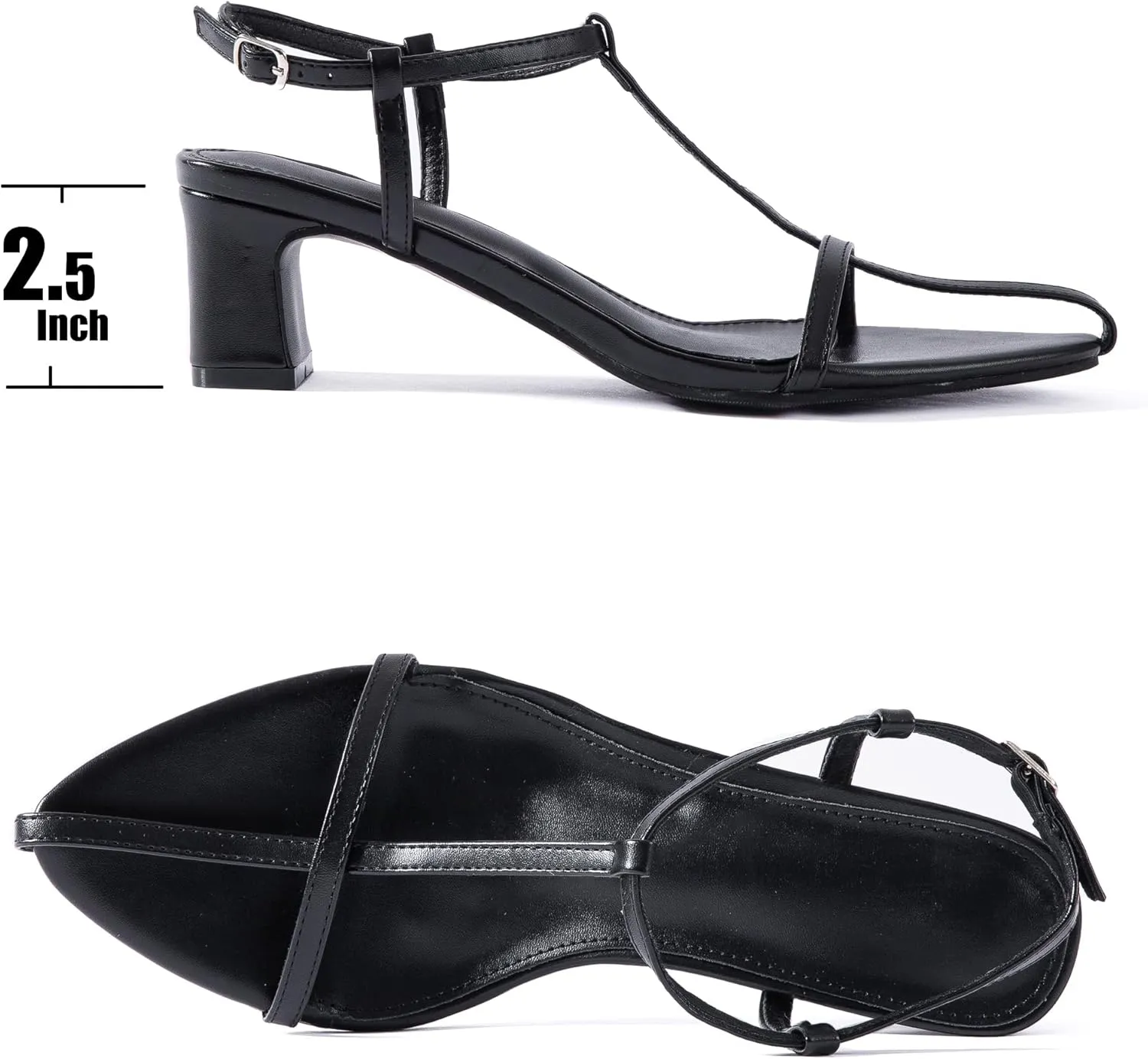 N.N.G Women Pointed Toe Ankle Strap Sandals, Low Block Heel, Black Nude Leather, 2 Inch Heel