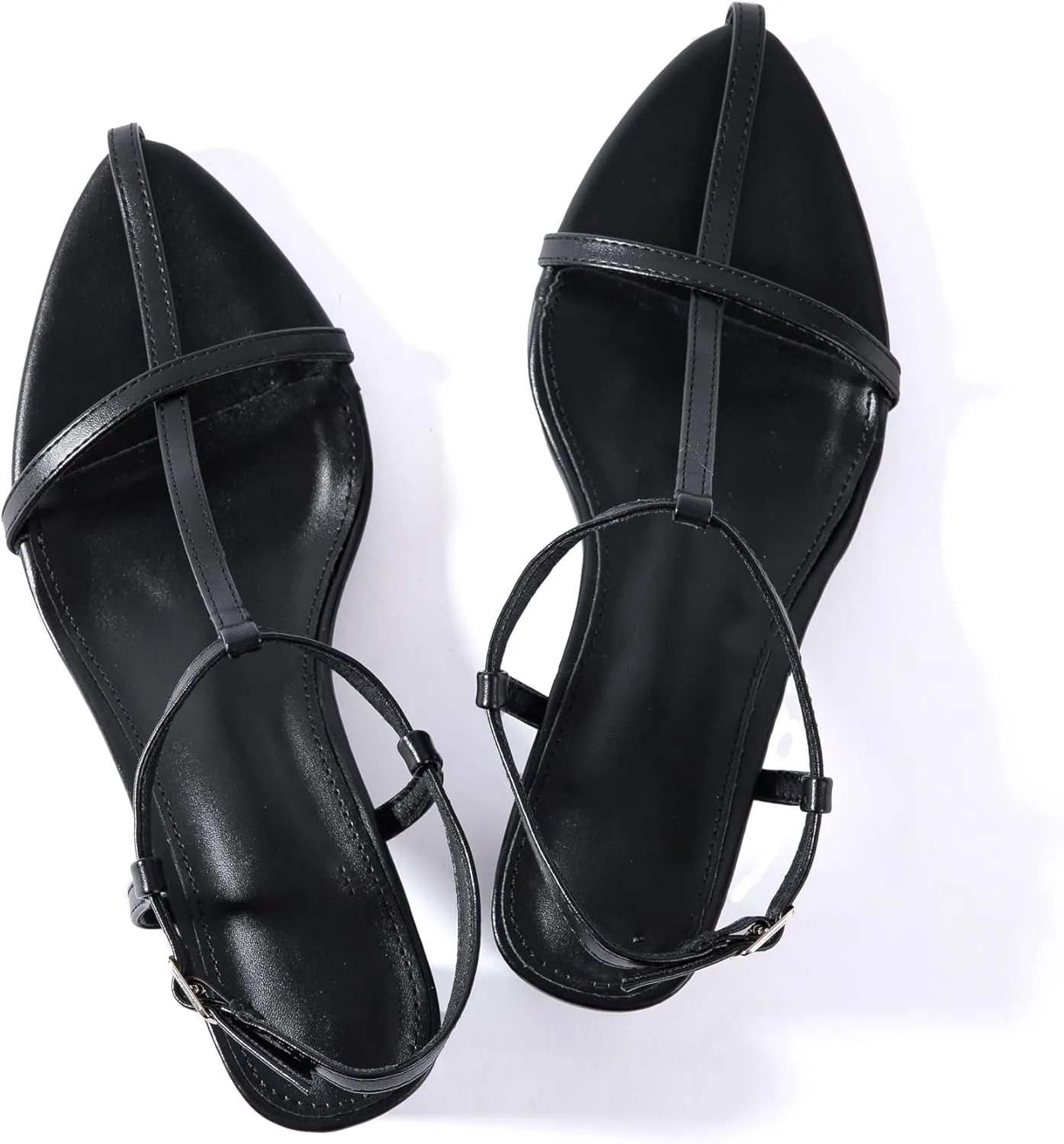N.N.G Women Pointed Toe Ankle Strap Sandals, Low Block Heel, Black Nude Leather, 2 Inch Heel