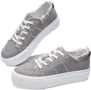 Obtaom Women Platform Canvas Sneakers White Comfort Play Fashion Sneakers Casual Lift Platform Lace Up Shoes Cute Low Top Walking Shoes for Lady