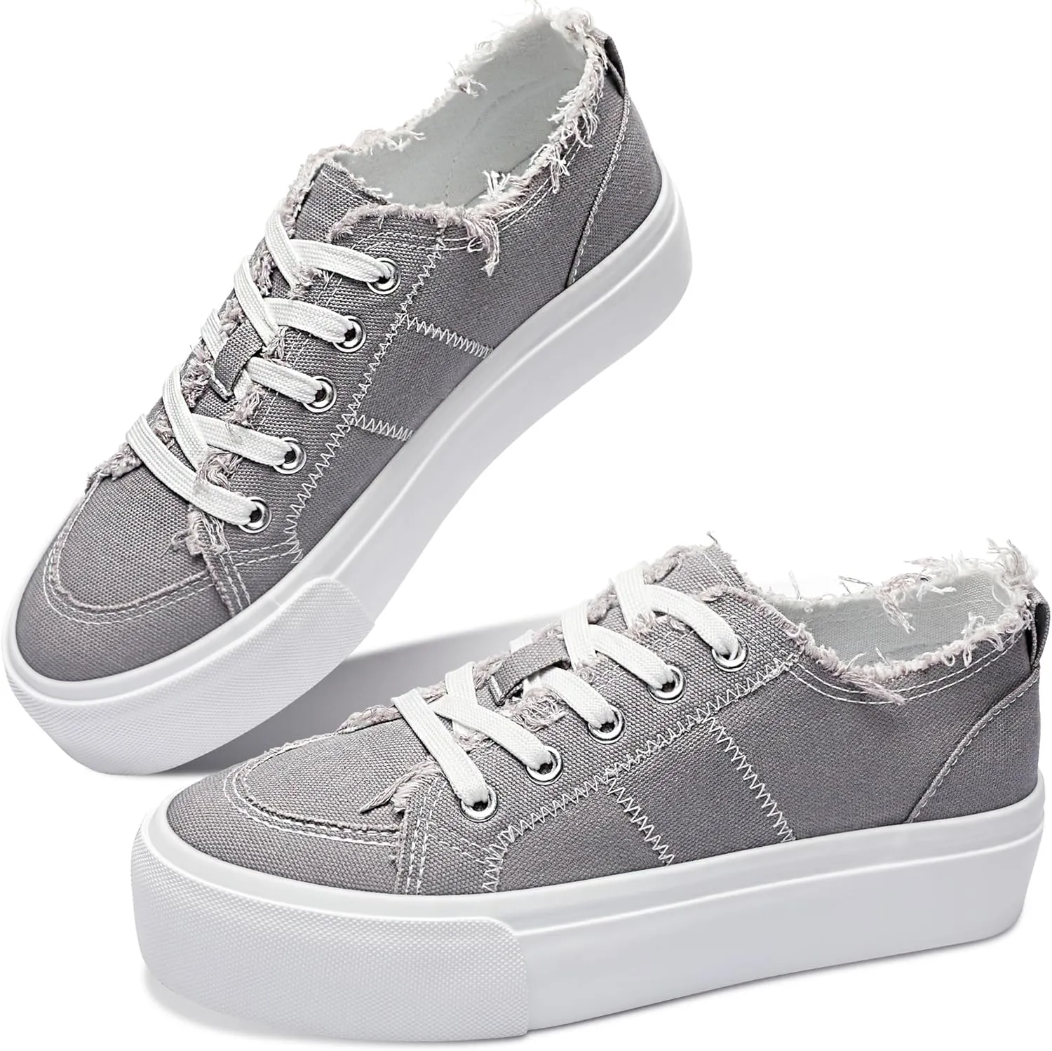 Obtaom Women Platform Canvas Sneakers White Comfort Play Fashion Sneakers Casual Lift Platform Lace Up Shoes Cute Low Top Walking Shoes for Lady