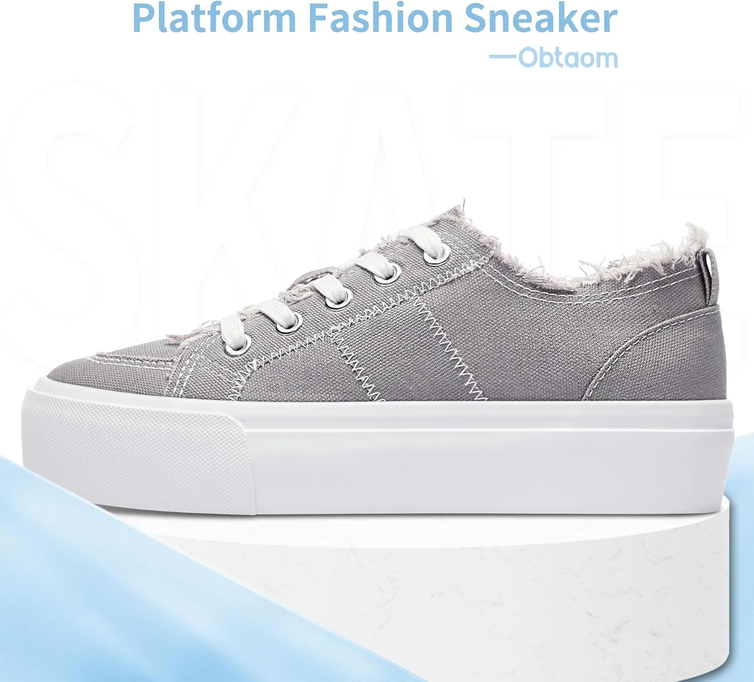 Obtaom Women Platform Canvas Sneakers White Comfort Play Fashion Sneakers Casual Lift Platform Lace Up Shoes Cute Low Top Walking Shoes for Lady