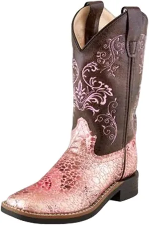 Old West Girl's All Over Leatherette Material Broad Square Toe Boots Western