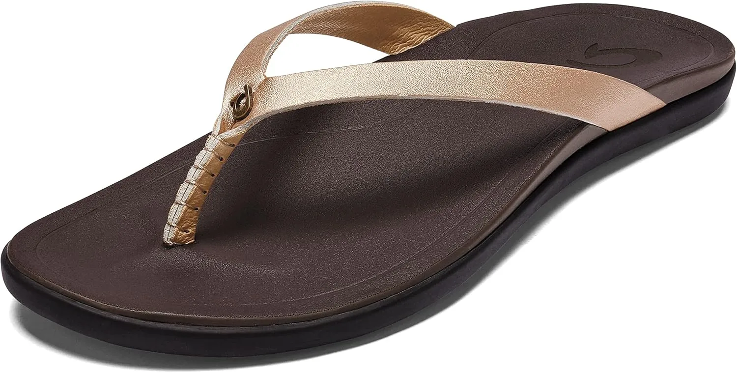 OLUKAI Ho'opio Leather Women's Beach Sandals, Full-Grain Leather Flip-Flop Slides, Modern Low Profile Design & Comfortable Fit