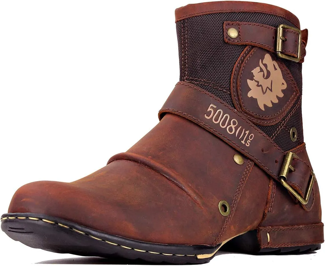 OSSTONE Moto Boots for Men Fashion Zipper-up Leather Chukka Boots Casual Shoes OS-5008-1-ABNH