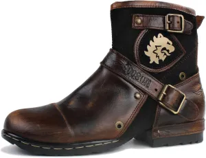 OSSTONE Moto Boots for Men Fashion Zipper-up Leather Chukka Boots Casual Shoes OS-5008-1-BP-US-R Vintage Brown