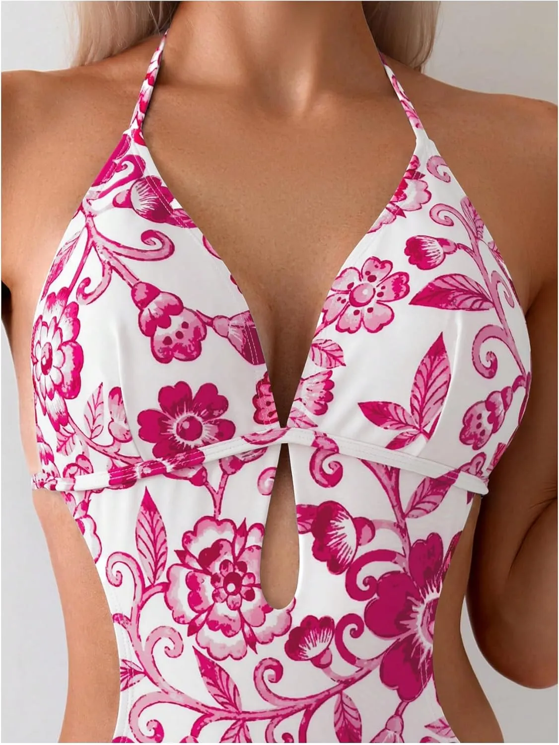 OYOANGLE Women's Floral Print Halter Neck One Piece Swimsuits Cut Out tie Backless Bathing Suit Beach Monokini