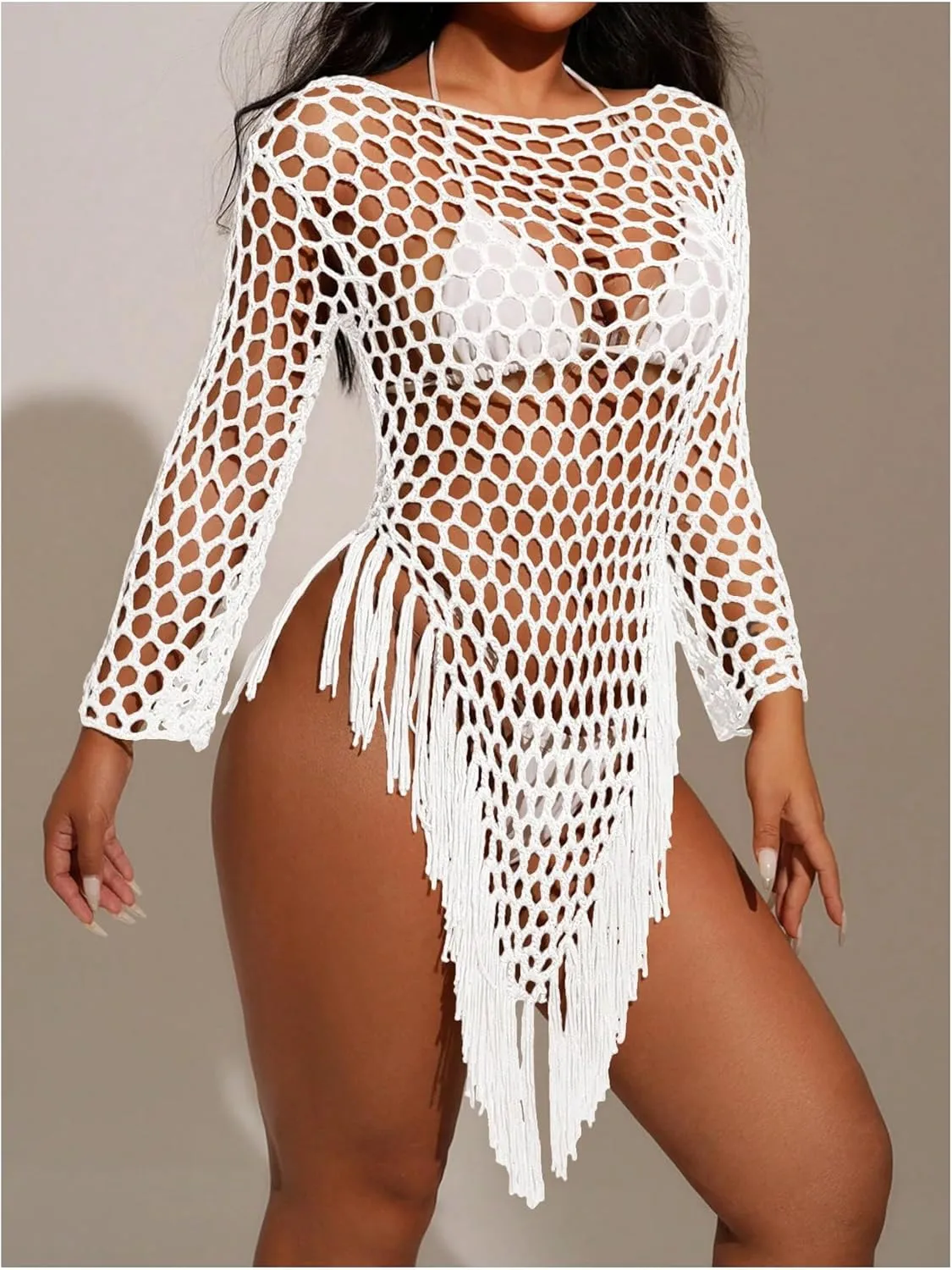 OYOANGLE Women's Hollow Out Tassel Cover Up Long Sleeve Backless Beach Top Swimwear