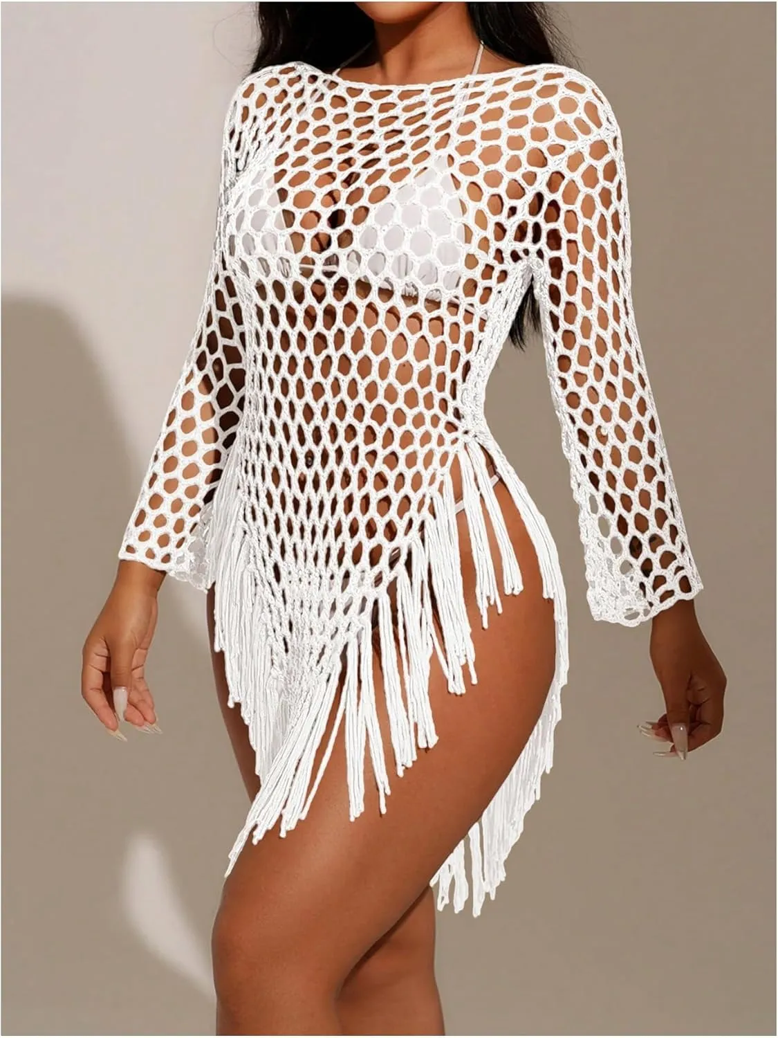 OYOANGLE Women's Hollow Out Tassel Cover Up Long Sleeve Backless Beach Top Swimwear