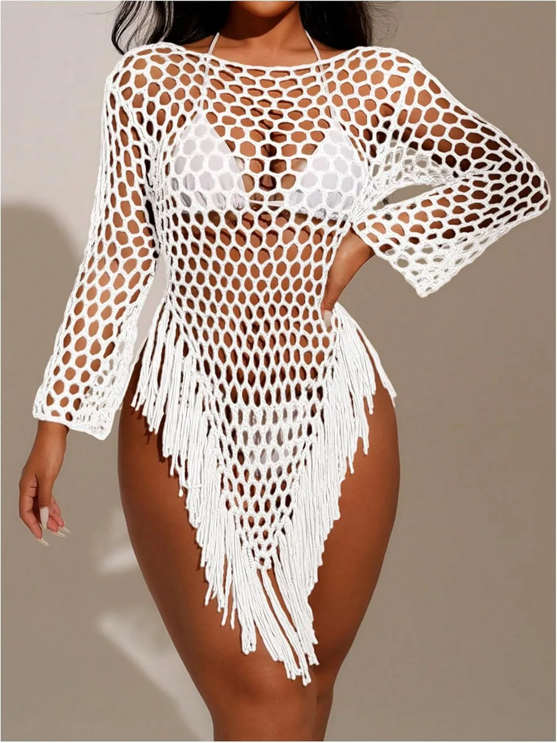 OYOANGLE Women's Hollow Out Tassel Cover Up Long Sleeve Backless Beach Top Swimwear