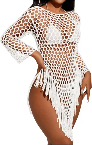 OYOANGLE Women's Hollow Out Tassel Cover Up Long Sleeve Backless Beach Top Swimwear