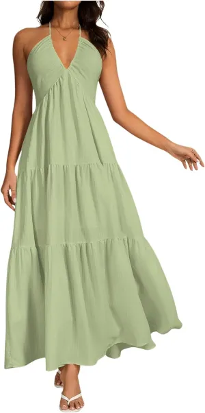 OYOANGLE Women's V Neck Tie Backless Halter Dress Ruched Flowy Vacation Maxi Dresses