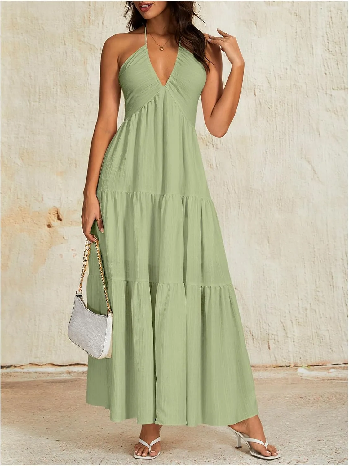 OYOANGLE Women's V Neck Tie Backless Halter Dress Ruched Flowy Vacation Maxi Dresses