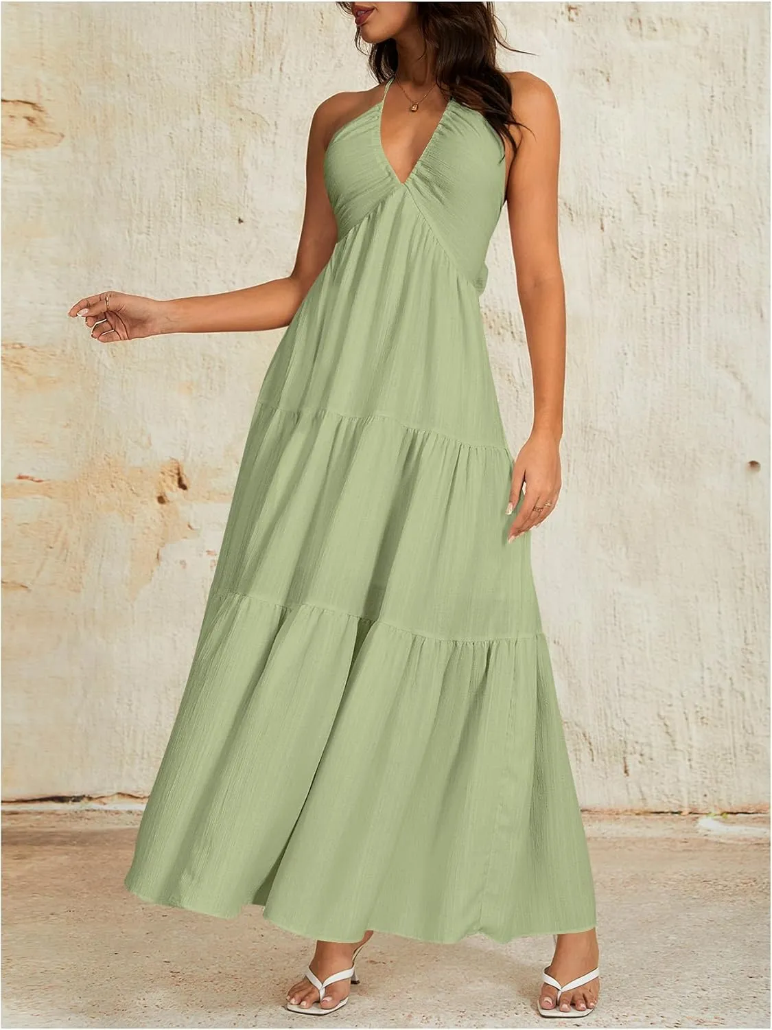 OYOANGLE Women's V Neck Tie Backless Halter Dress Ruched Flowy Vacation Maxi Dresses