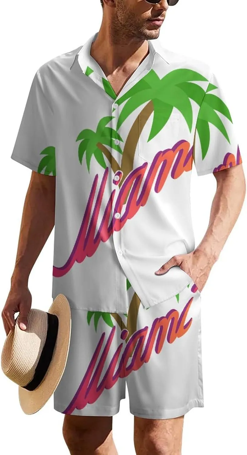 Palm Trees MiamiMen's Two-piece Casual Short-sleeved Shirt Summer Loose Vacation Suit