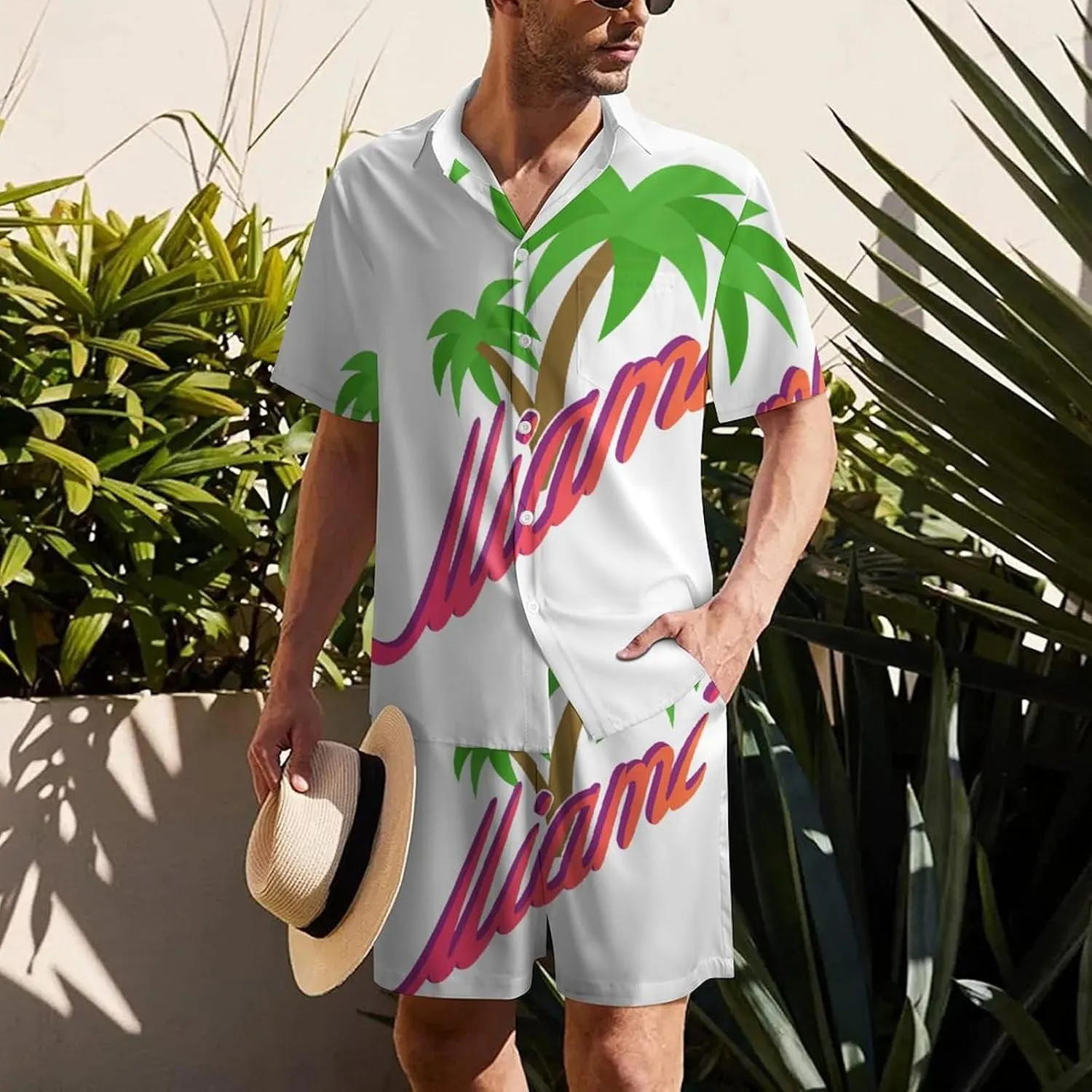 Palm Trees MiamiMen's Two-piece Casual Short-sleeved Shirt Summer Loose Vacation Suit