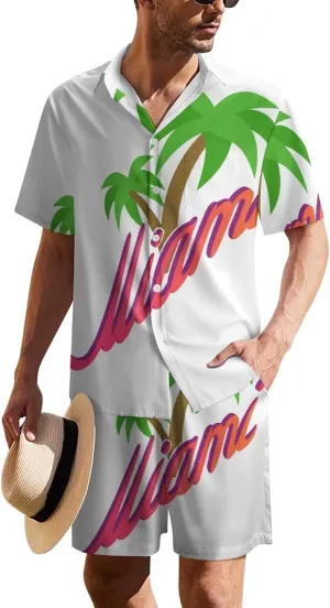 Palm Trees MiamiMen's Two-piece Casual Short-sleeved Shirt Summer Loose Vacation Suit