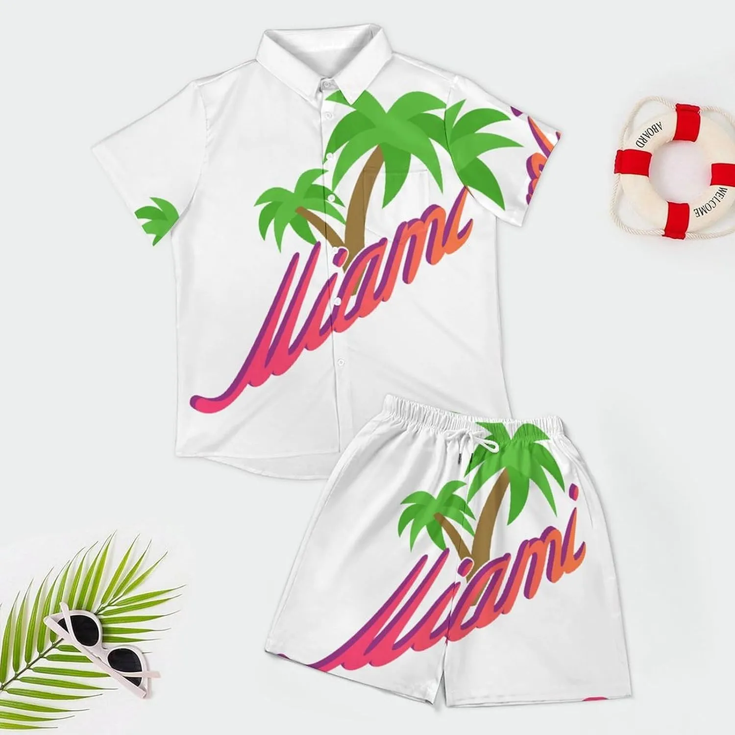 Palm Trees MiamiMen's Two-piece Casual Short-sleeved Shirt Summer Loose Vacation Suit
