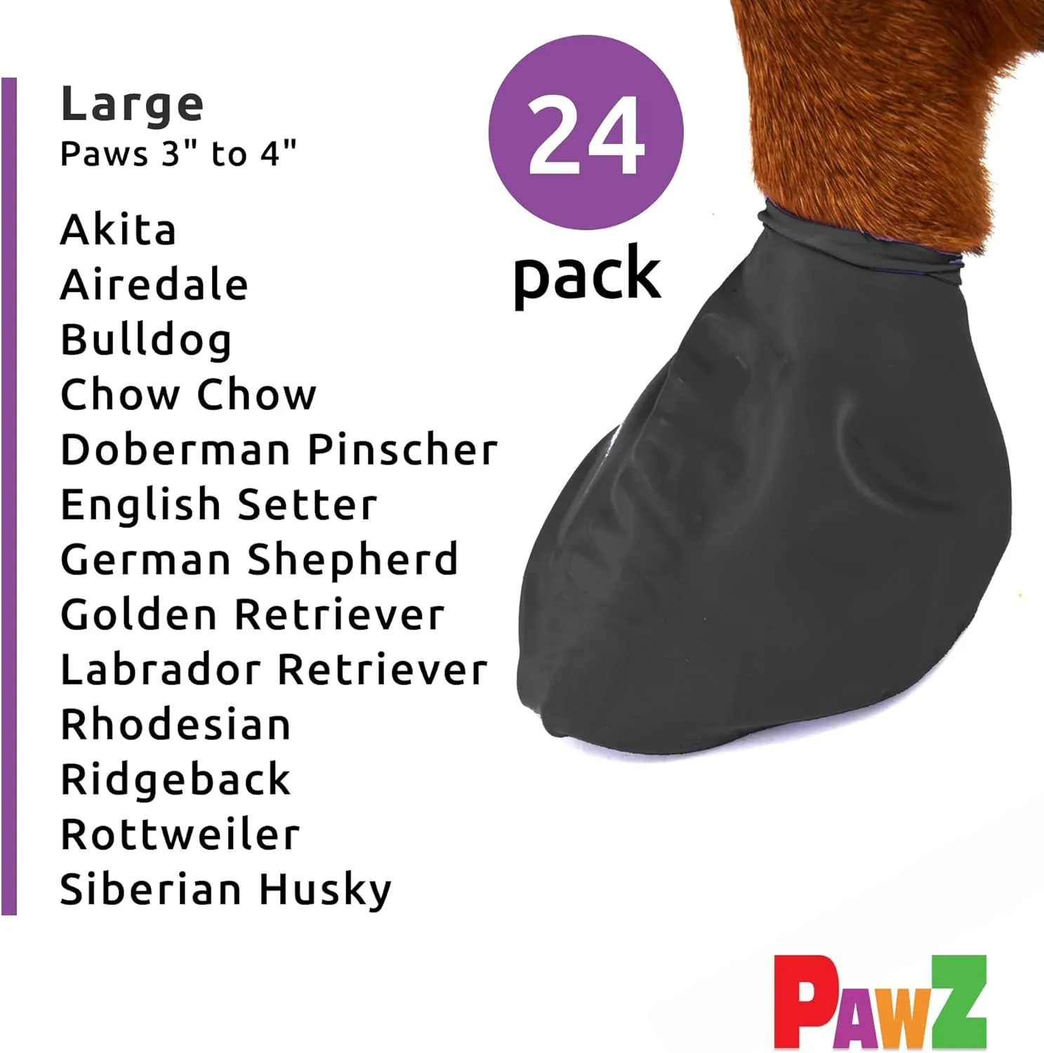 PawZ Rubber Dog Boots for Paws up to 4", 24 Total (2 Packs of 12) - All-Weather Dog Booties for Hot Pavement, Snow, Mud, and Rain - Waterproof, Anti Slip Dog Socks - Large, Black