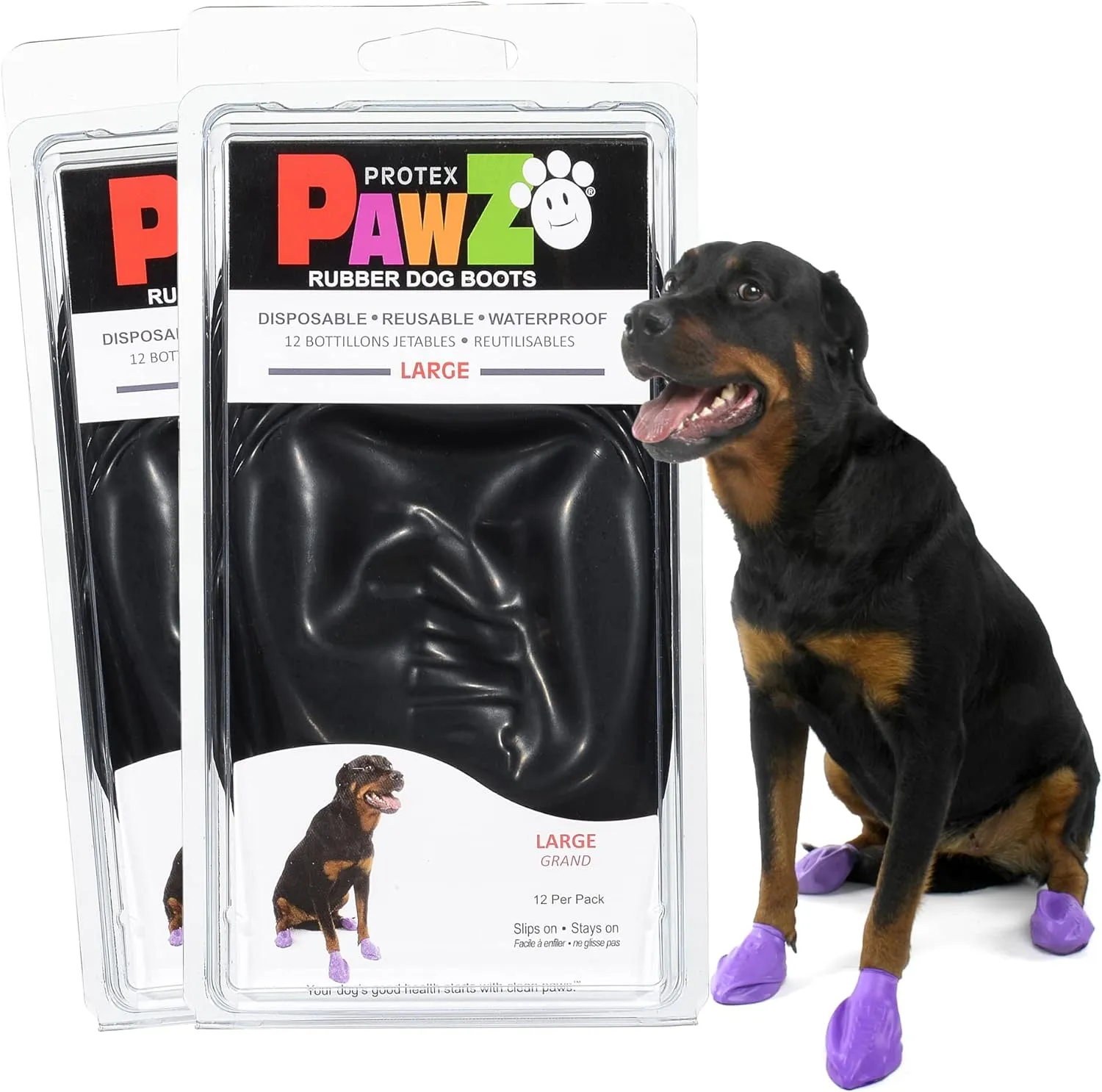 PawZ Rubber Dog Boots for Paws up to 4", 24 Total (2 Packs of 12) - All-Weather Dog Booties for Hot Pavement, Snow, Mud, and Rain - Waterproof, Anti Slip Dog Socks - Large, Black