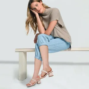 Pearl Nude Heels for Women Wedding Mid Chunky Block Heeled Sandals Pumps Square Open Toe Slip on Slides Shoes