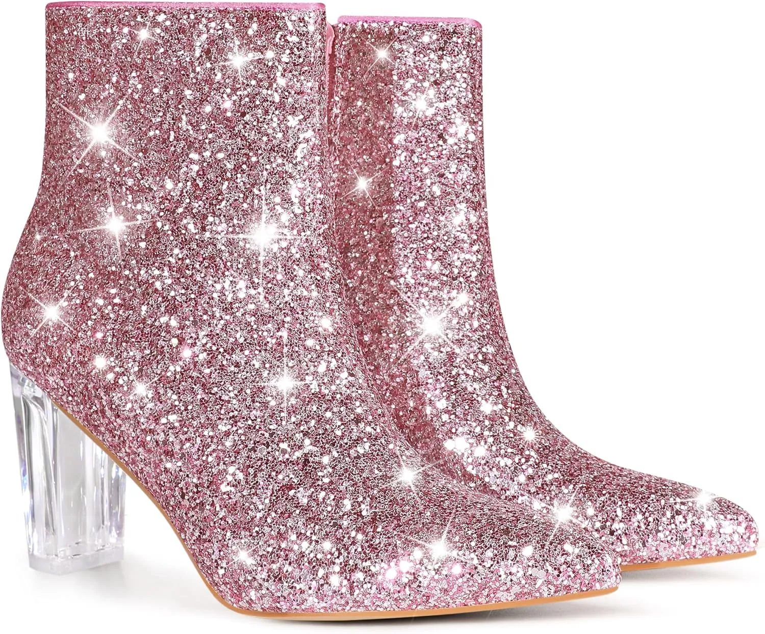 Perphy Clear Heel Sparkly Glitter Block Heels Ankle Boots for Women