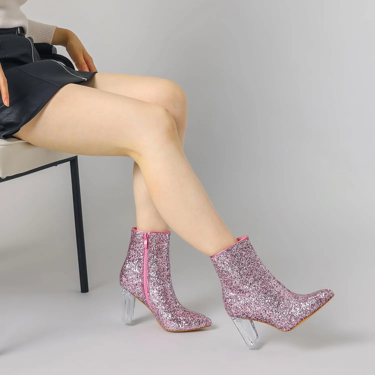 Perphy Clear Heel Sparkly Glitter Block Heels Ankle Boots for Women