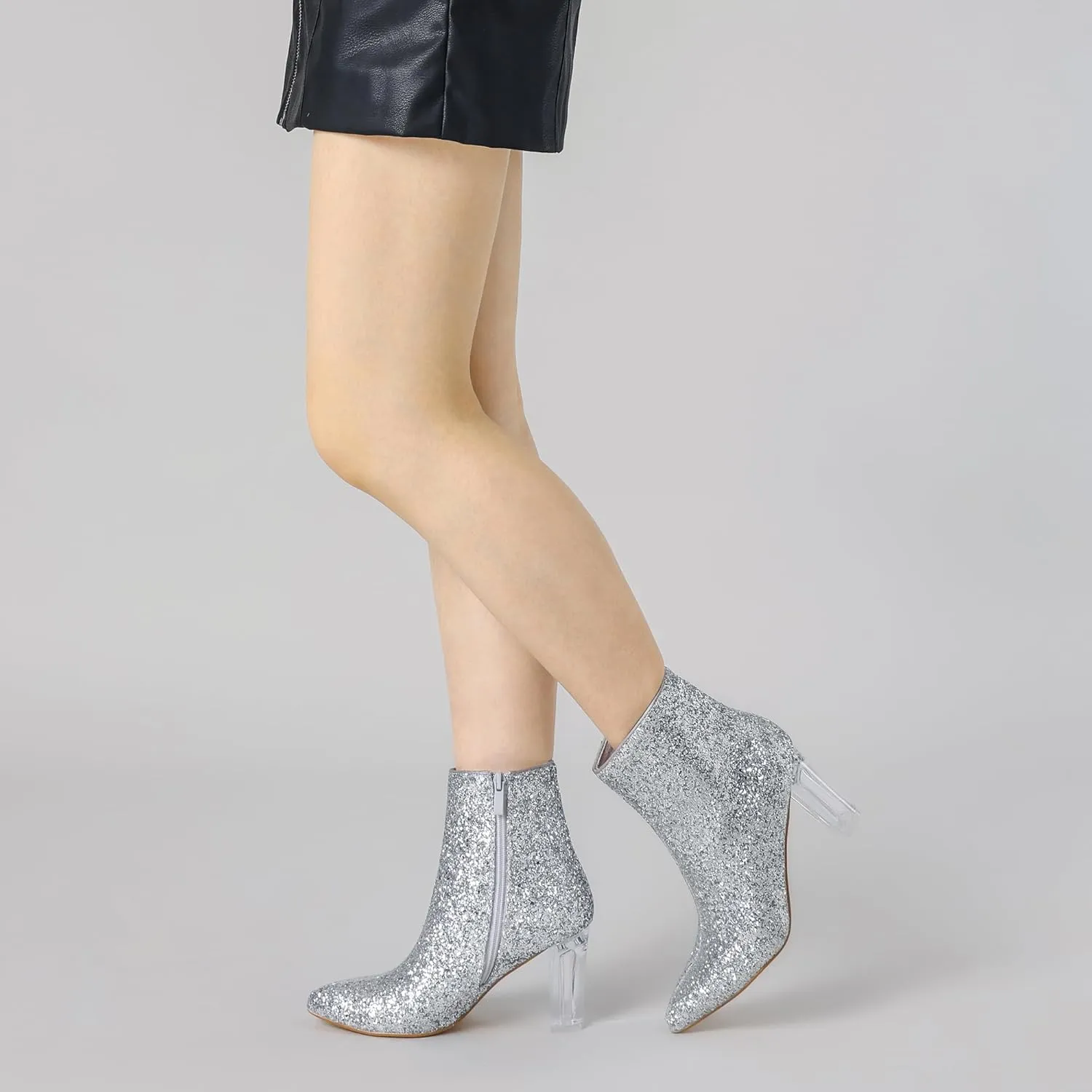 Perphy Clear Heel Sparkly Glitter Block Heels Ankle Boots for Women