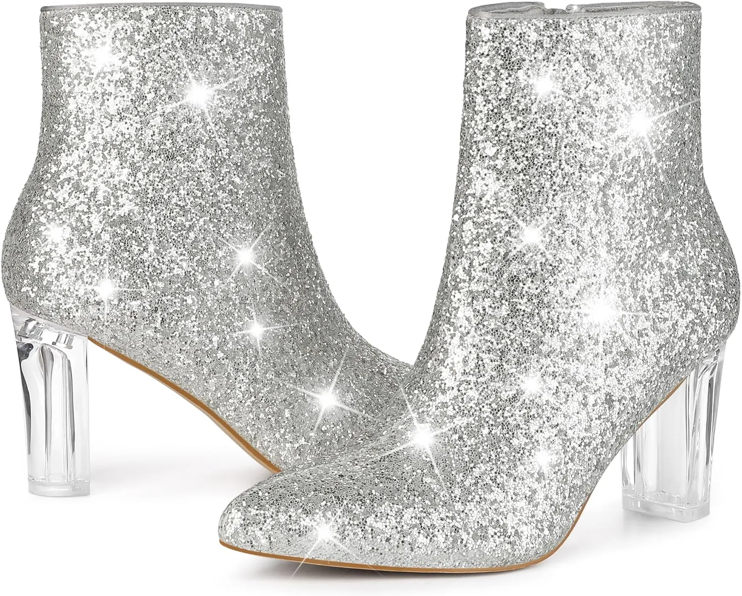 Perphy Clear Heel Sparkly Glitter Block Heels Ankle Boots for Women
