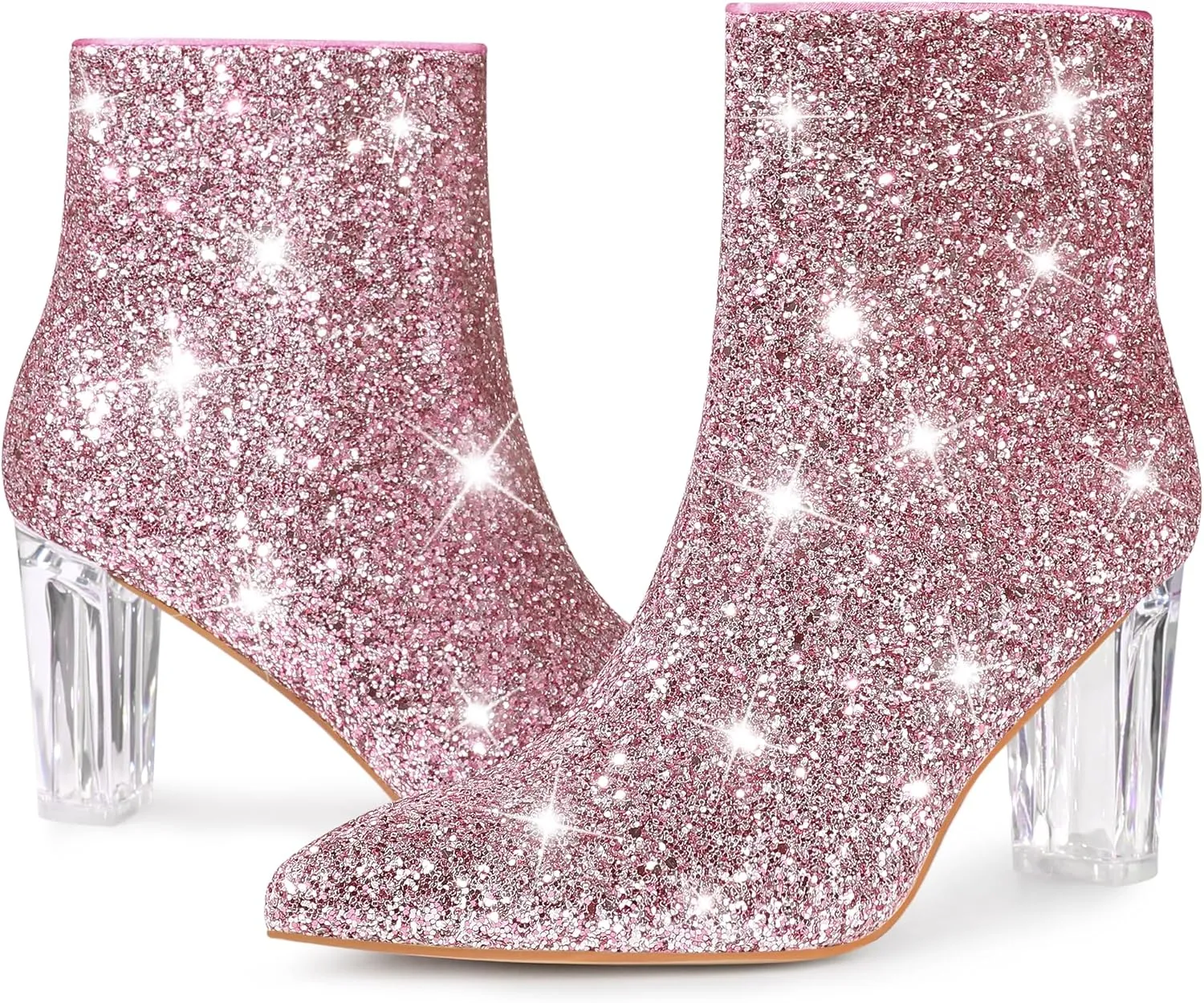 Perphy Clear Heel Sparkly Glitter Block Heels Ankle Boots for Women