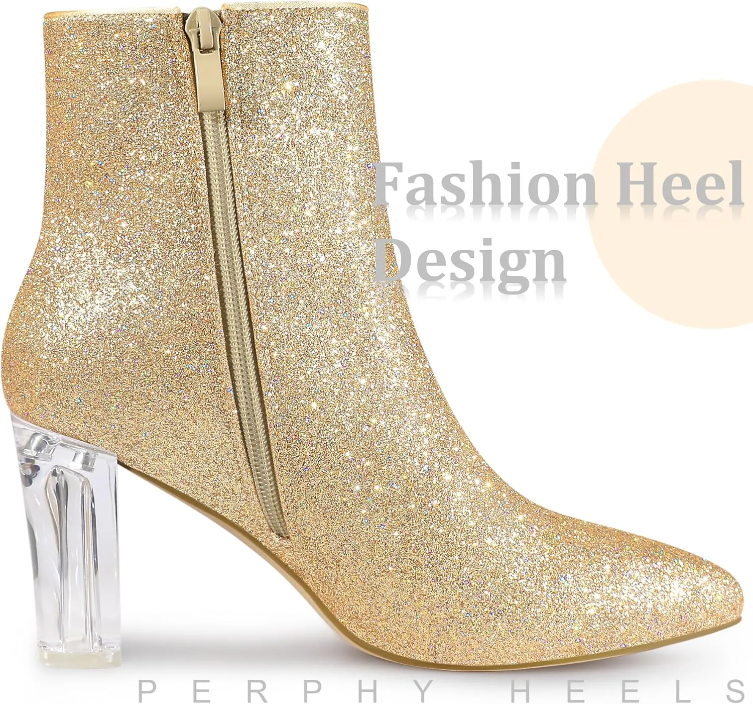 Perphy Clear Heel Sparkly Glitter Block Heels Ankle Boots for Women