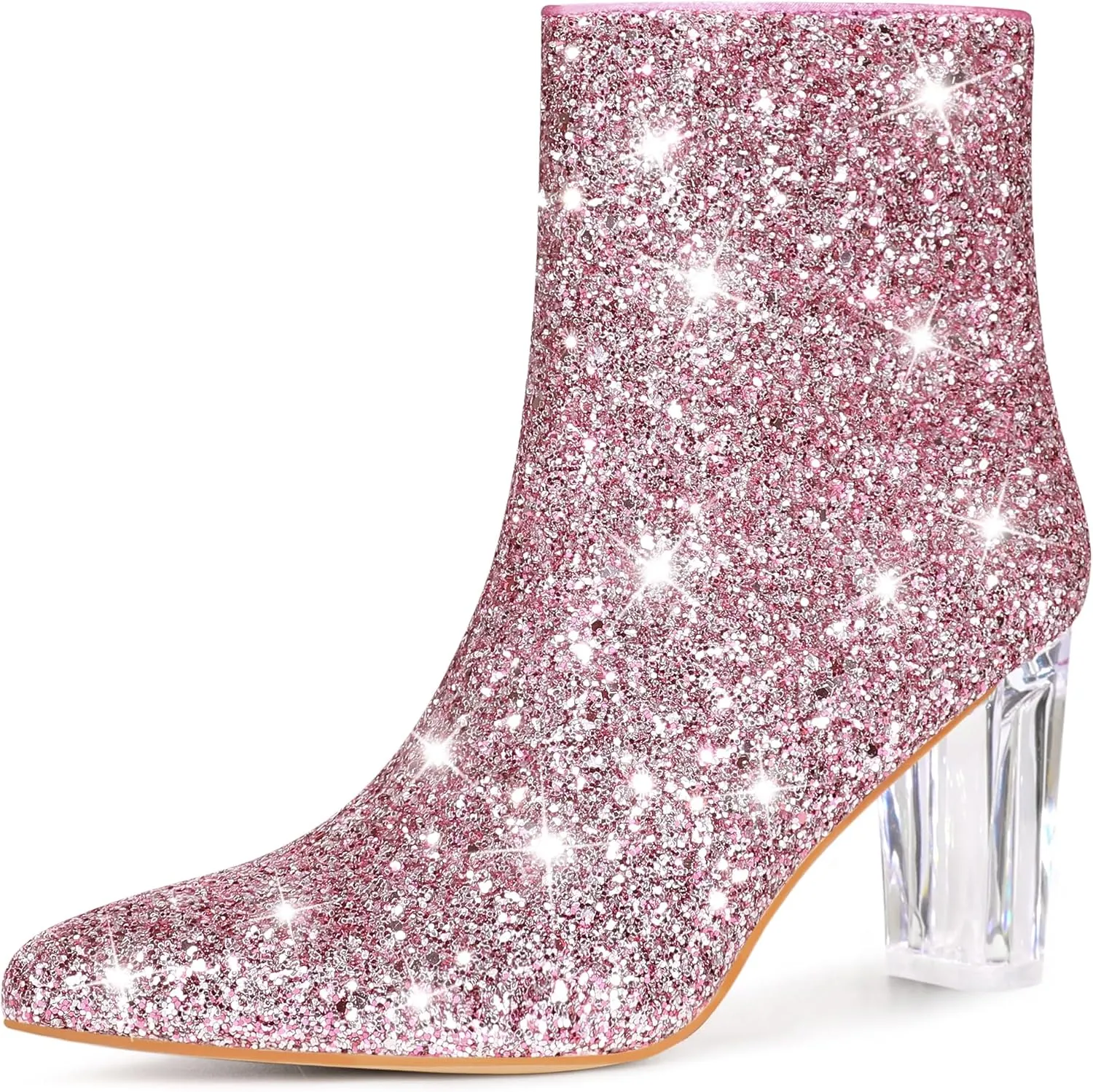 Perphy Clear Heel Sparkly Glitter Block Heels Ankle Boots for Women