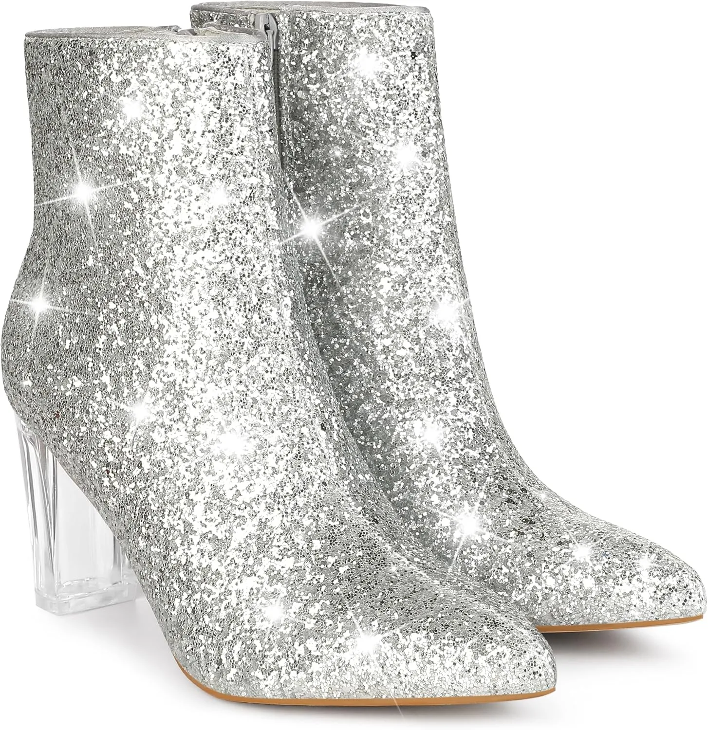 Perphy Clear Heel Sparkly Glitter Block Heels Ankle Boots for Women