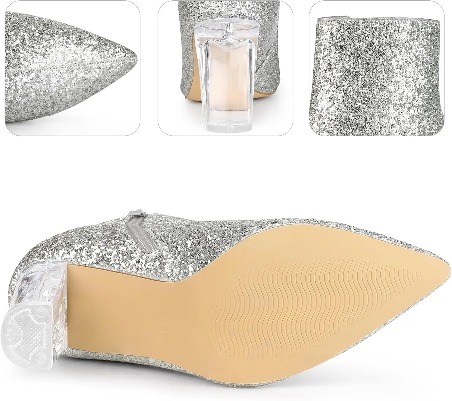 Perphy Clear Heel Sparkly Glitter Block Heels Ankle Boots for Women